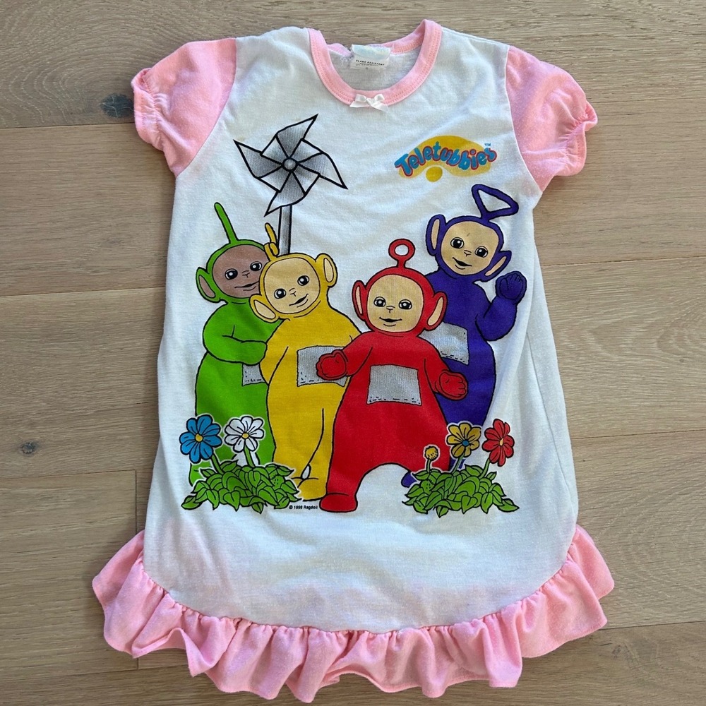Vintage‎ 1998 Teletubbies Nightgown Kids Size 5 Pink Ruffle Sleeve 90s Sleepwear